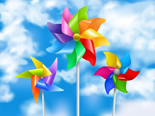 色付きでリアルな風車おもちゃの空のイラスト