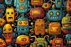 Vettore gratuito modello di doodle di robot colorati con sfondo scuro