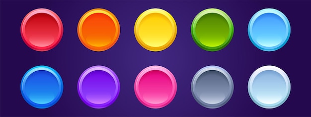 背景に分離された色付きの丸いウェブボタン。空の明るい円タグ、ウェブサイト、ゲーム、モバイルアプリの3dバッジのベクトルセット。空白のインターネットプッシュボタン