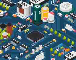 Free vector colored semiconductor electronic components isometric city concept with different elements combined in city