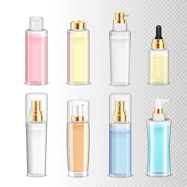 L'insieme colorato delle bottiglie realistiche dei cosmetici per profumo crema e liquido sull'illustrazione trasparente fondo ha isolato