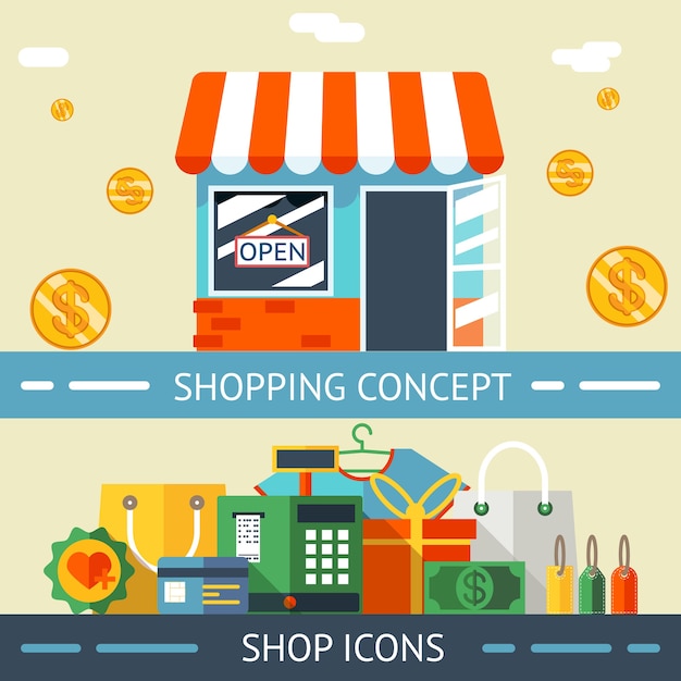 Colored Shopping Concept and Icons Graphic Designs on Light Yellow Background.