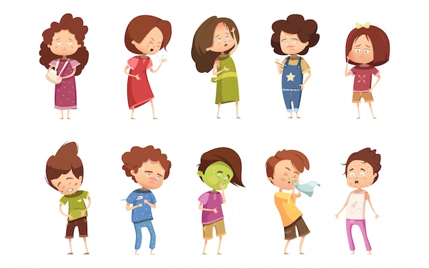 Free vector colored sickness child retro cartoon icon set with girls and boys different degree of disease vector