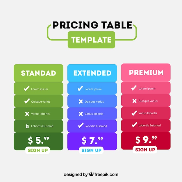 Free vector colored tables template with different plans