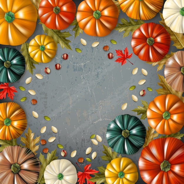 Colored thanksgiving day background with different colors and sizes pumpkins combined in frame vector illustration