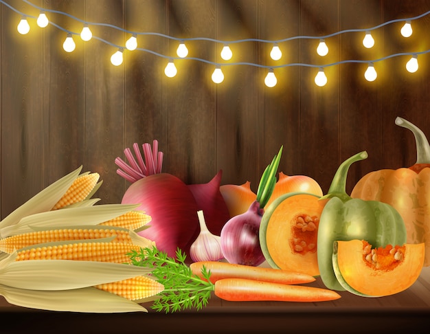 Free vector colored thanksgiving day scene with vegetable still life on the table and lights at the top vector illustration