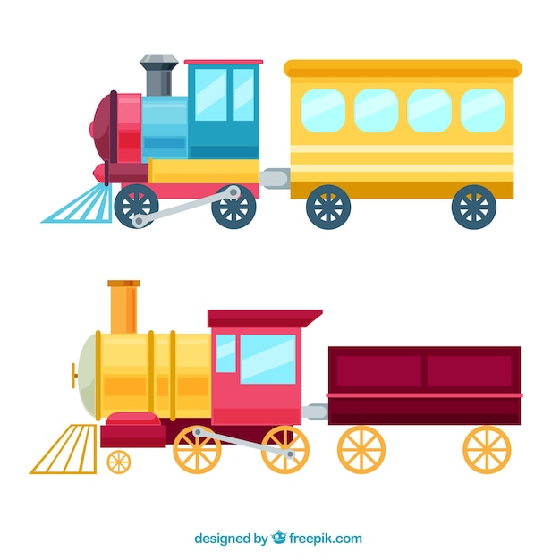 Colored toy trains in flat design