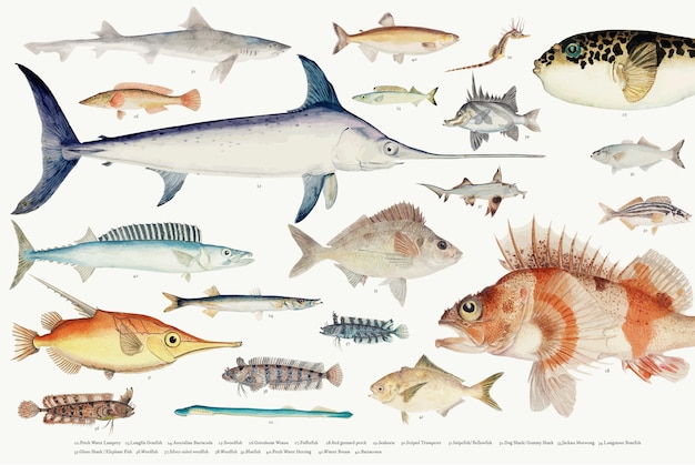 Бесплатное векторное изображение Цветная векторная иллюстрация коллекции рисования рыбы