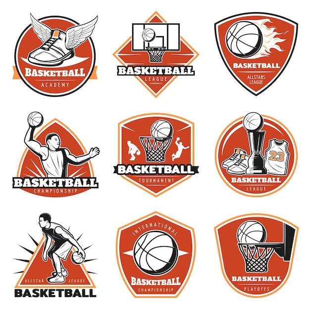 Free vector colored vintage basketball labels set