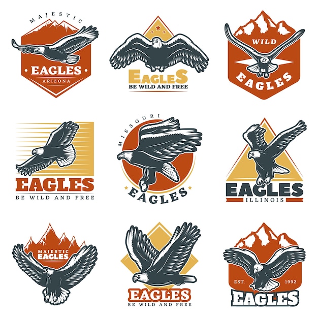 Free vector colored vintage beautiful eagles labels set