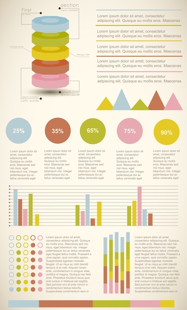 컬러 빈티지 인포 그래픽 다이어그램 세트 제시 통계 및 백분율
