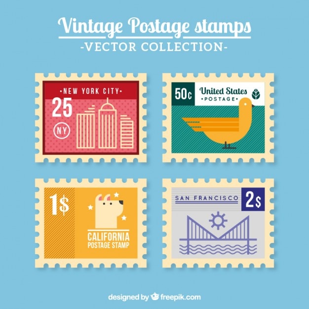 Vector vintage postage mail stamps retro delivery badge plane, train  transport stickers collection grunge stamps print. Postmark design  correspondence sign. Antique communication template texture Stock Vector