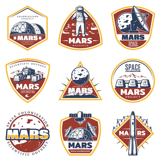 Free vector colored vintage space labels set with inscriptions mars exploration