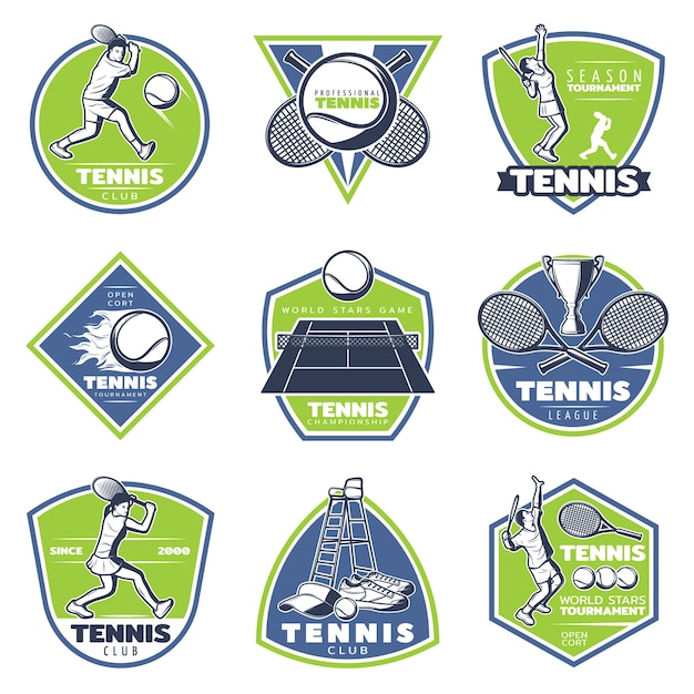 Colored vintage tennis emblems set