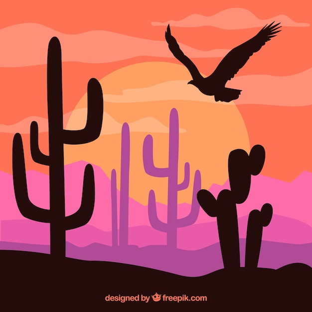 Colored western background with vegetation and eagle silhouette