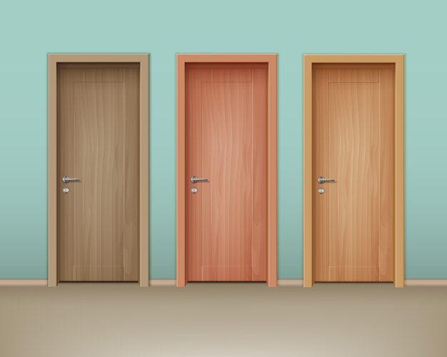 цветные деревянные двери в стиле эко-минимализм на стене мятного цвета