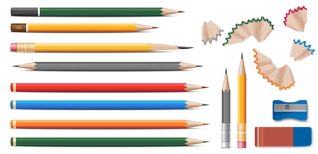 Vettore gratuito set realistico di matite colorate in legno con gomma e temperamatite su sfondo bianco illustrazione vettoriale isolata