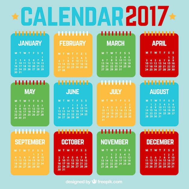 Vettore gratuito colorful 2017 calendario nel design piatto