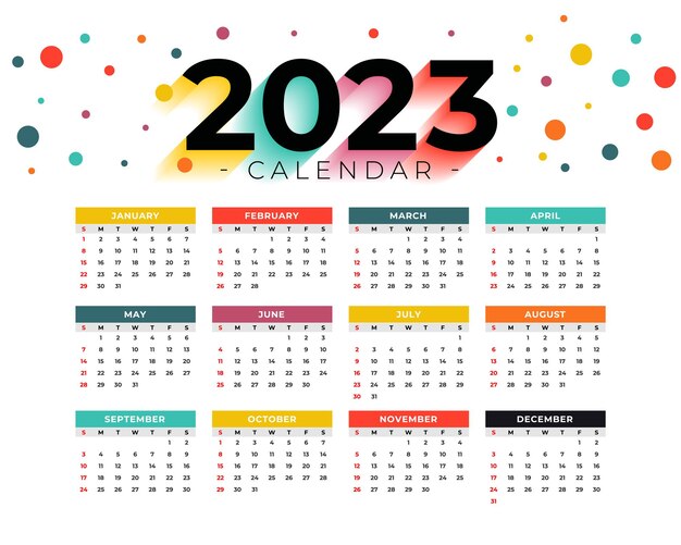 Красочный шаблон календаря на 2023 год в стиле печати