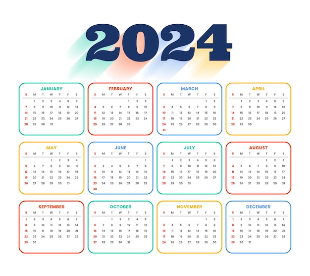 Vettore gratuito colorato modello di calendario inglese 2024 per pianificare e organizzare il vettore di eventi