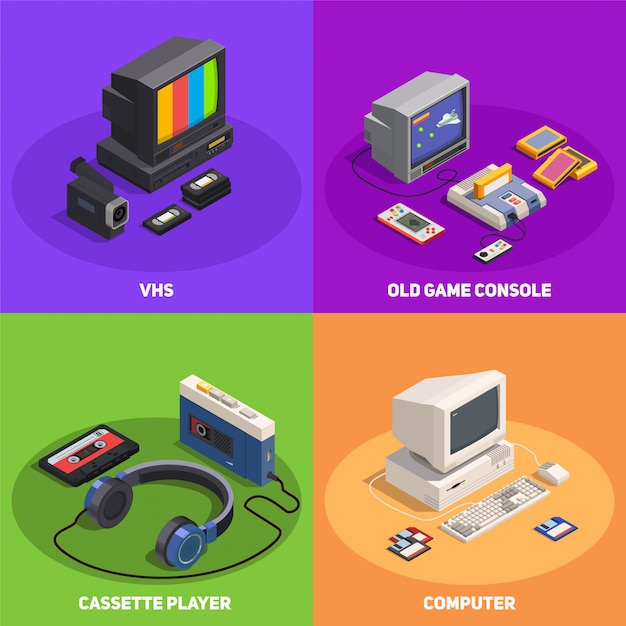 Colorful 2x2 isometric design concept with various retro gadgets such as computer player console vhs 3d isolated