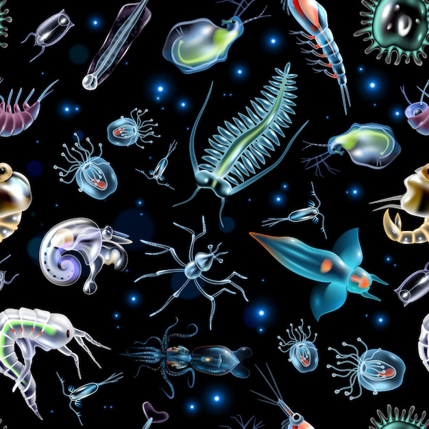 Colorful abstract pattern consisting of glowing lights and luminescent images of marine plankton on dark background  illustration