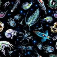 Free vector colorful abstract pattern consisting of glowing lights and luminescent images of marine plankton on dark background  illustration
