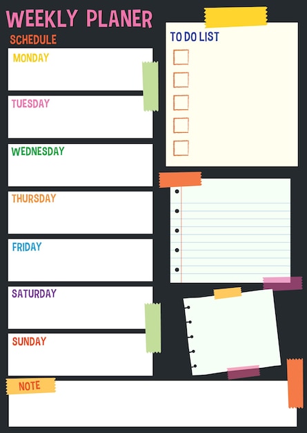 Vettore gratuito pianificatore settimanale astratto colorato e design dell'elenco delle cose da fare