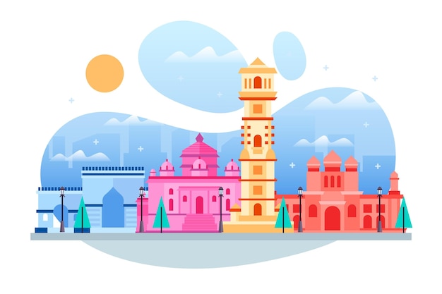 Colorful ahmedabad skyline illustration