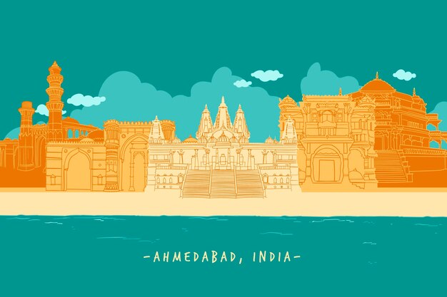 Colorful ahmedabad skyline illustration