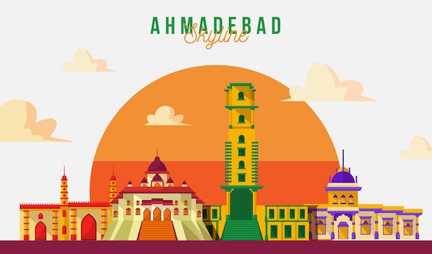 Free vector colorful ahmedabad skyline