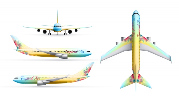 Free vector colorful airliners realistic identity set of passenger airplane in profile top and from front isolated