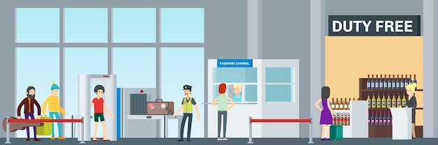 승객이 수하물 검사 및 여권 심사를 통과하는 다채로운 공항 보안 배너