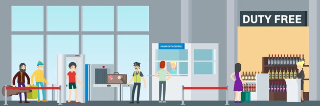 Красочный баннер службы безопасности аэропорта с пассажирами, проходящими проверку багажа и паспортный контроль