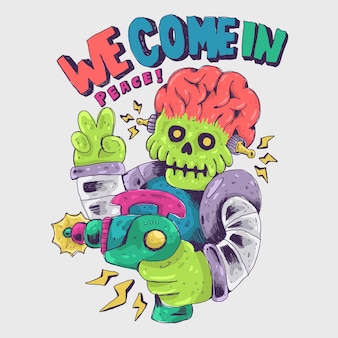 Colorful alien big brain bring laser gun saying we come in peace with pencil sketch line art style