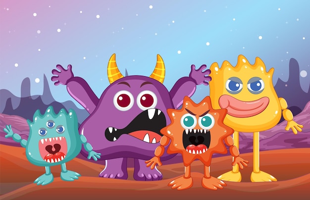 Colorful alien monster friends in outer space