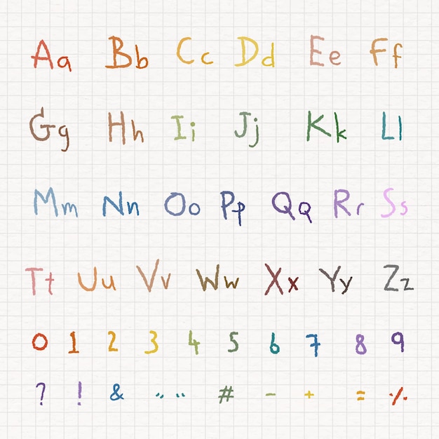 無料ベクター カラフルなアルファベットと数字が白い紙に設定