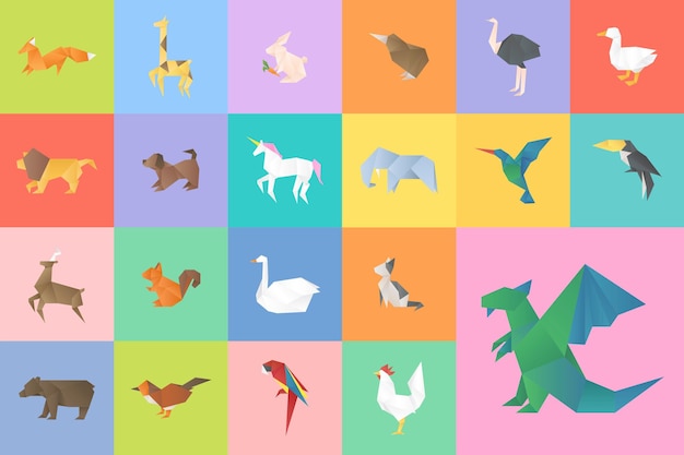 Vettore gratuito set ritagliato di origami di vettore di animali colorati