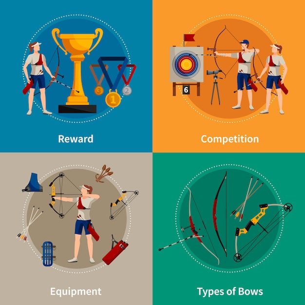 Free vector colorful archery flat 2x2 icons set with archers rewards types of bows and equipment