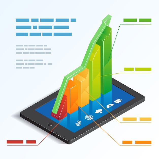 Free vector colorful ascending 3d bar graph on a tablet touchscreen depicting mobile online analytics with a text box template  vector illustration