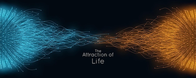 Colorful attraction of life. Vector connecting particle tails. Small particles strive to each other. Blurred debrises into rays or lines under high speed of motion. Burst, explosion backdrop.