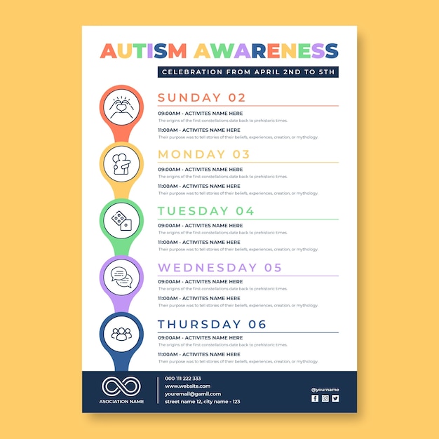 Poster colorato delle attività del mese di sensibilizzazione sull'autismo