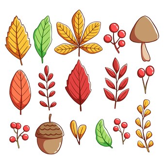 손으로 그린 스타일의 화려한 가을 요소와 나뭇잎