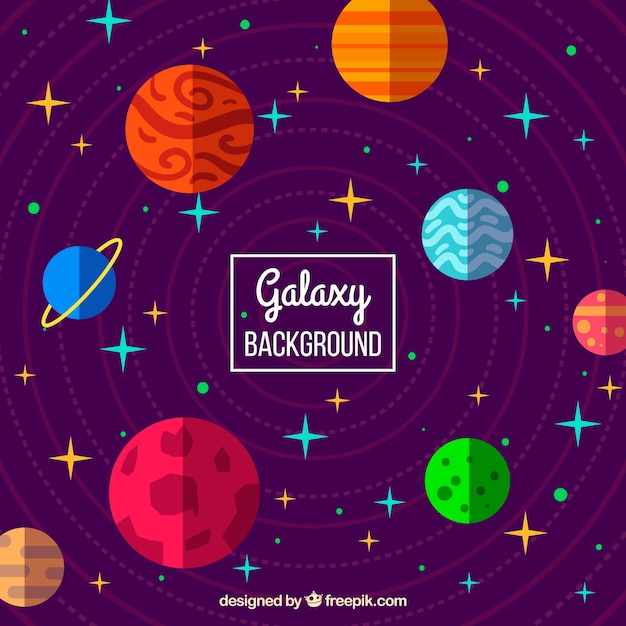 Colorful background of planets in flat design and stars