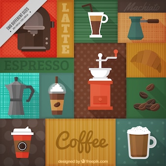 Colorful background with different types of coffee and coffee makers