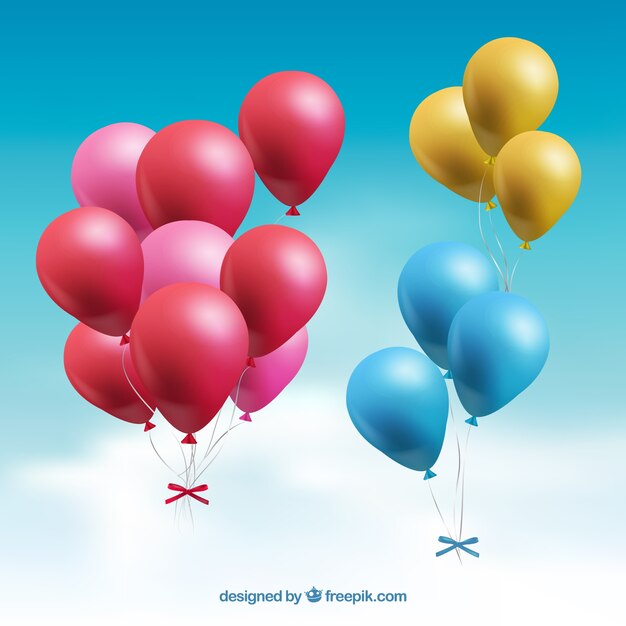 Colorful balloons bunch collection in the sky with realistic style