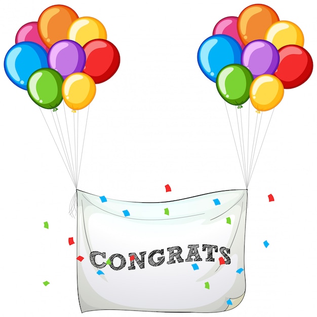 Colorful balloons with banner for word congrats