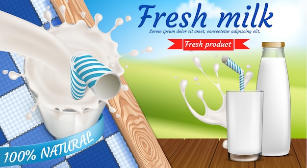 Banner colorato con bottiglia di latte e bicchiere pieno di latticini freschi con cannuccia
