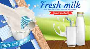 Free vector colorful banner with milk bottle and full glass of fresh dairy drink with drinking straw