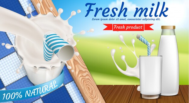 Colorful banner with milk bottle and full glass of fresh dairy drink with drinking straw